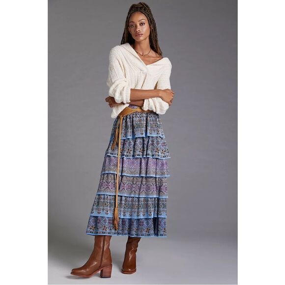 NEW Anthropologie Cecilia Prado Blue Tiered Abstract Pull-On Maxi Skirt Medium - Picture 1 of 4